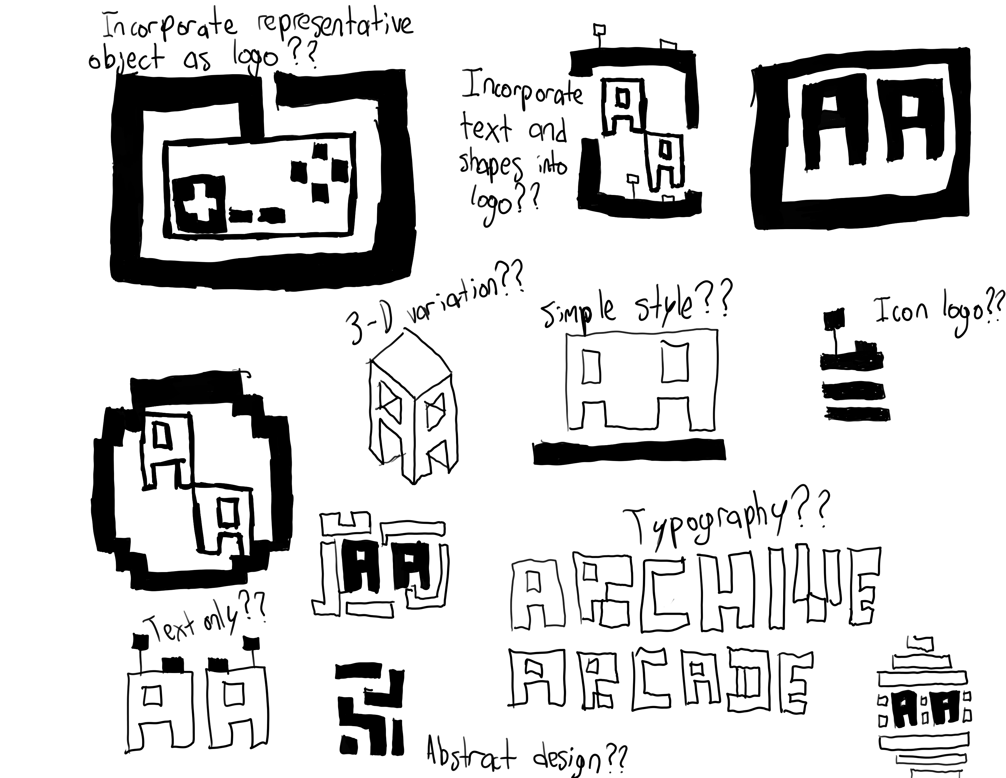A variety of sketches for a pixel-based logo.